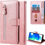 Oobooms Samsung Galaxy A03 için Fermuarlı Kılıf, Manyetik Kapaklı PU Deri Cüzdan Kılıfı Fermuarlı Paket TPU Silikon İç Kabuk Kart Yuvaları Standı - Pembe Altın
