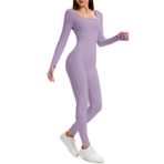 OOHOKAY Jumpsuit Kadın Uzun Dar Yoga Bodysuit Yüksek Bel Tulum Streç Shape Uzun Kollu Spor Jumpsuit Tayt Pantolon Seti Scrunch Butt Spor Giyim Kadın Playsuits Tek Parça, Açık Lila-C, S