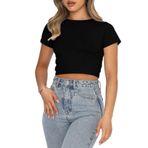 OOHOKAY Kadın Basic T-Shirt Kısa Kollu Y2K Crop Tops Yuvarlak Yaka Slim Fit Üst Parça Tek Renk Klasik Kesim Yaz Tişört, Siyah-m1, XXL Kısa