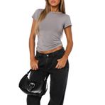 OOHOKAY Kadın Basic T-Shirt Klasik Kesim Yaz Tişört Kısa Kollu Crop Tops Y2K Slim Fit Üst Parça Tek Renkli Şık Tişört, Açık gri-B., XS Kısa
