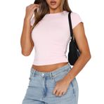 OOHOKAY Kadın Basic T-Shirt Klasik Kesim Yaz Tişört Kısa Kollu Crop Tops Y2K Slim Fit Üst Parça Tek Renkli Şık Tişört, Açık pembe-b, XS Kısa