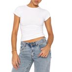 OOHOKAY Kadın Basic T-Shirt Klasik Kesim Yaz Tişört Kısa Kollu Crop Tops Y2K Slim Fit Üst Parça Tek Renkli Şık Tişört, Beyaz-b, S Kısa