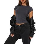 OOHOKAY Kadın Basic T-Shirt Klasik Kesim Yaz Tişört Kısa Kollu Crop Tops Y2K Slim Fit Üst Parça Tek Renkli Şık Tişört, Gri-b, M Kısa