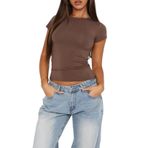 OOHOKAY Kadın Basic T-Shirt Klasik Kesim Yaz Tişört Kısa Kollu Crop Tops Y2K Slim Fit Üst Parça Tek Renkli Şık Tişört, Kahverengi-b, XL Kısa