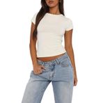 OOHOKAY Kadın Basic T-Shirt Klasik Kesim Yaz Tişört Kısa Kollu Crop Tops Y2K Slim Fit Üst Parça Tek Renkli Şık Tişört, Kayısı-B, XXL Kısa