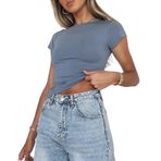 OOHOKAY Kadın Basic T-Shirt Klasik Kesim Yaz Tişört Kısa Kollu Crop Tops Y2K Slim Fit Üst Parça Tek Renkli Şık Tişört, Sisli Mavi-B, XS Kısa