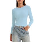 OOHOKAY Kadın uzun kollu tişört, basic üst parça, Y2K Slim Fit tişört, şık, streç, iç giyim, kazak, uzun kollu, Crop Tops Streetwear, Gök mavisi-L1, XS
