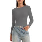 OOHOKAY Kadın uzun kollu tişört, basic üst parça, Y2K Slim Fit tişört, şık, streç, iç giyim, kazak, uzun kollu, Crop Tops Streetwear, Koyu gri-L1, XXL