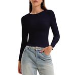 OOHOKAY Kadın uzun kollu tişört, basic üst parça, Y2K Slim Fit tişört, şık, streç, iç giyim, kazak, uzun kollu, Crop Tops Streetwear, Tibet Mavisi-L1, XS