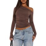 OOHOKAY Uzun kollu tişört, kadın, omzu açık, klasik, basic tişört, Crop Tops Y2K Slim Fit üst giyim, gündelik, omuz, sokak giyimi, Braun-j, M