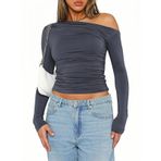 OOHOKAY Uzun kollu tişört, kadın, omzu açık, klasik, basic tişört, Crop Tops Y2K Slim Fit üst giyim, gündelik, omuz, sokak giyimi, Gri-J, XL