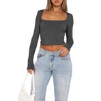 OOHOKAY Uzun kollu tişört, kadın, U yaka, basic üst giyim, Y2K Slim Fit tişört, Crop Tops rahat sokak giyimi, Koyu gri-u1, L