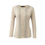 Oppland Kadın Anne Bluz Likralı Sandy Kumaş Şık ve Modern Elmasım Taşlı Yuvarlak Yakalı Rahat Kesim Tam Kalıp (Krem, 2XL)