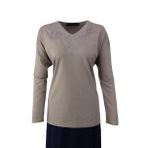 Oppland Kadın Anne Bluz Viskon Penye Kumaş Hafif V Yakalı Kolyem Model Battal Beden Uzun Kollu Likralı Rahat Kesim Tam Kalıp (VİZON, 4XL)