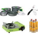 Orcamp Mini Portatif Kamp Ocağı Yeşil+ 4'Lü Tencere Seti + Çkb(Out-1350-S) + 3 Evolite 227 Gr Gaz Kartuşu Evo-006-D2
