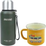 Orcamp OUT-5000 0.50 lt Yeşil Çelik Termos+OUT-1900 Emaye Karavan Sarı 330 ml Kupa