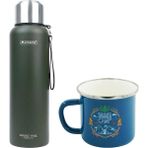 Orcamp OUT-5100 1.5 lt Yeşil Çelik Termos+OUT-1900 Emaye Summer Mavi 330 ml Kupa