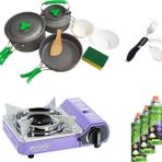 Orcamp Tekli Mini Portatif Ocak Mor+3 Parça Tencere Seti+Çatal Kaşık Bıçak Siyah+3 Adet Kartuş Orc-014-F2