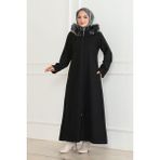 Orchid Style kapüşonu Kürklü Kaşe Kaban - Zümrüt Yeşili - 44