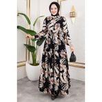 Orchid Style Palmiye Desenli Tesettür Elbise - Gri - 46