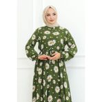 Orchid Style Papatya Desenli Tesettür Elbise - Mürdüm - 46