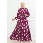 Orchid Style Papatya Desenli Tesettür Elbise - Mürdüm - 50