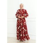 Orchid Style Papatya Desenli Tesettür Elbise - Mürdüm - 52