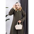 Orchid Style Yakası Kürklü Kaşe Kaban - Zümrüt Yeşili - 50