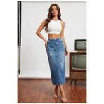 Ore design Vintage Mavi Yıpratmalı Kadın Yüksek Bel Klasik 5 Cep Denim Etek OYOK26ET2215