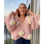 Organic Mira Kadın Pembe Çiçekli Oversize Kazak Papatyalı Kazak - Açık Pembe - Standart