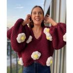 Organic Mira Kadın Pembe Çiçekli Oversize Kazak Papatyalı Kazak - Bordo - Standart