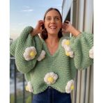 Organic Mira Kadın Pembe Çiçekli Oversize Kazak Papatyalı Kazak - Yeşil - Standart