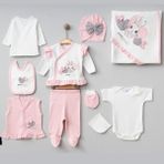 Organik Kız Bebek 0-3 Ay Kalpli Tavşan Nakışlı 10 Lu Hastane Çıkış Zıbın Seti - Pembe - 0 - 3 Ay