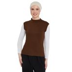 Organik Kolsuz Balıkçı Yaka Likralı Kadın Sıfır Kol Body, Çikolata, L-XL