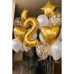 Organizasyon Pazarı Gold Rakam 2 Yaş Balon Seti Gold Kalp Yıldız Konfeti | Happy Birthday Baskılı Doğum Günü Özel Gün Süsleme