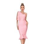 Örgü Bir Omuz Yay Bodycon Midi Mezuniyet Doğum Günü Yemeği Elbise Fishtail Bandaj Kokteyl Parti Elbise, A-pembe, M