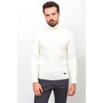 Örgü Desenli Ekru Rengi Slim Fit Tam Balıkçı Yaka Yün Erkek Kazak
