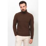 Örgü Desenli Kahverengi Slim Fit Tam Balıkçı Yaka Yün Erkek Kazak - XL