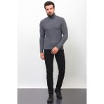 Örgü Desenli Koyu Gri Slim Fit Tam Balıkçı Yaka Yün Erkek Kazak - XL