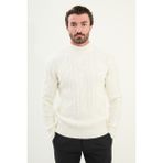 Örgü Desenli Slim Fit Yarım Balıkçı Yaka Yün Erkek Triko Kazak - Ekru