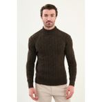 Örgü Desenli Slim Fit Yarım Balıkçı Yaka Yün Erkek Triko Kazak - Kahverengi - 2XL
