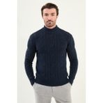 Örgü Desenli Slim Fit Yarım Balıkçı Yaka Yün Erkek Triko Kazak - Lacivert