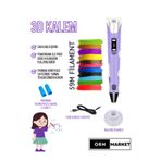ORH Market Mor 3d Kalem 3d Pen Yazıcı Kalem – Çok Renkli Pla Filament (TOPLAM 59M) Usb Kablo