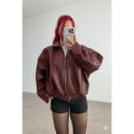 Orions Collection Kadın Oversize Bomber Kemerli Deri Ceket Bordo Suni Deri Modern Tasarım