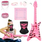 Orizizhic 7 adet Rockstar kostüm, Punker kostümü, çocuk fancy elbise, punk aksesuarı, şişirilebilir gitar perçinli bileklik, kuru kafa bileklik, maske, güneş gözlüğü, disko kostümü için boyun bandı,