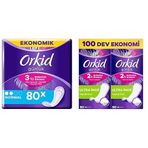 Orkid Günlük Ped Normal Dev Ekonomi Paketi 80 Ped ve Orkid Yaprak Günlük Ped Normal Dev Ekonomik Paket 100 Ped