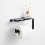 Orret Home Raflı Yapışkanlı Tuvalet Kağıtlığı – Siyah Metal Duvara Yapıştırılabilir WC Kağıtlık – Telefon Standlı Paslanmaz Banyo Kağıtlık – Delmeden Montajlı Modern Raf Organizer(Standlı Wc Kağıtlık)