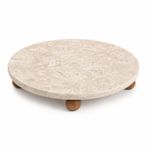 Orret Home Traverten Sunumluk Ahşap Ayaklı Doğal Taş Sunum Tepsisi Yuvarlak Mermer Sunumluk Dekoratif Tepsi Kahvaltılık Meyvelik Pasta Servis Tabağı (28 Cm)