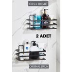 ORSA HOME 292 Lamalı Yapışkanlı 2 Adet Dikdörtgen Banyo Rafı Mat Siyah