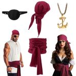 Orta Çağ Korsan Kostümü Aksesuar Seti, Kadın Erkek Korsan Aksesuar Seti, Korsan Bel Kemeri, Kafa Bandı, Çapa Kolye Ucu, Kolye, Göz Kapağı Karnaval, Cadılar Bayramı Cosplay Parti (4 Adet, Kırmızı)